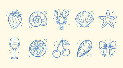 Set of cute handdrawn sea life and fruit icons, vector illustration of strawberry, snail shell, lobster, scallop, starfish, wine glass, orange slice, cherries, mussel and ribbon bow © Marjahan