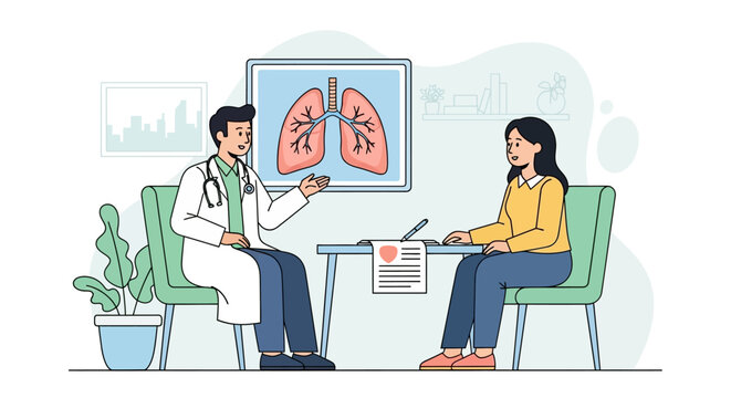 Doctor consulting patient about lungs, medical check-up, illustration