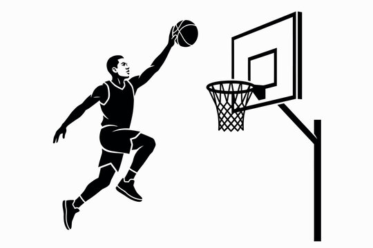 Basketball player dunking silhouette against a hoop and backboard black and white dunk sports athlete