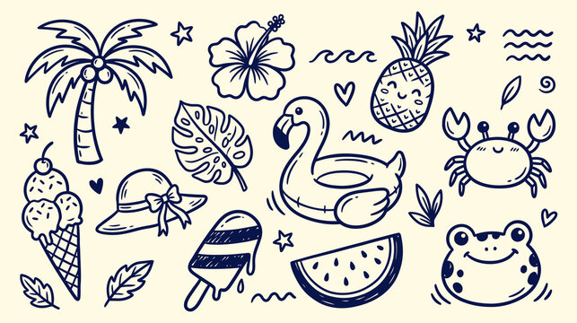 Summer doodle set with tropical elements, palm tree, flamingo float, pineapple, crab, frog, watermelon, ice cream, hibiscus flower and beach hat, hand drawn vector illustration