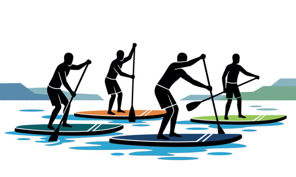 Silhouette of four people paddleboarding on water with a scenic background stand up paddle sup paddler