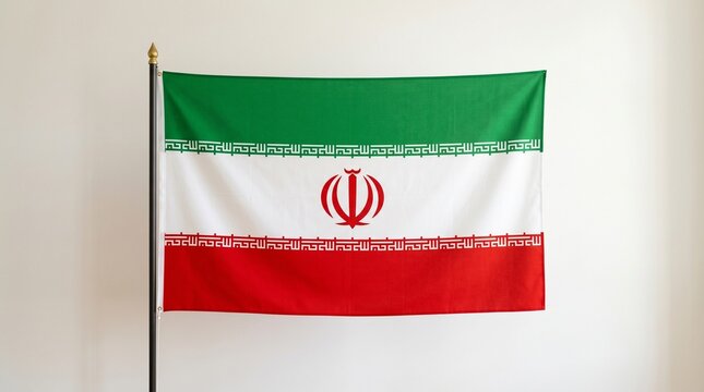 Iranian national flag with green, white, and red stripes, central red emblem, and Kufic script repeating &ldquo;Allahu Akbar,&rdquo; symbolizing identity and culture&hellip;