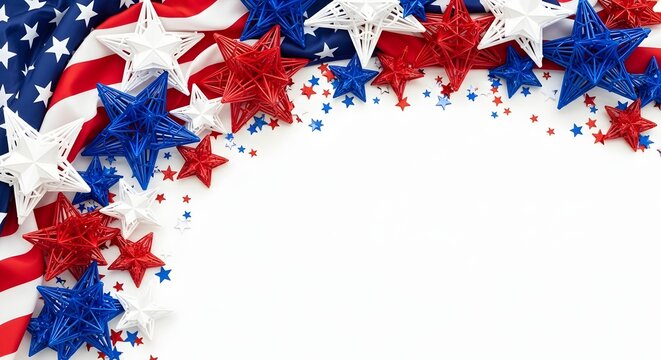 Close-up of red white and blue confetti scattered in bright celebration background