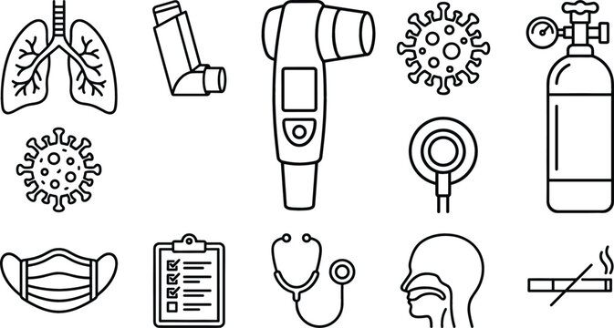 Respiratory medicine and lung health line icon vector set featuring lungs asthma inhaler thermometer virus oxygen tank face mask stethoscope clipboard and no smoking symbols