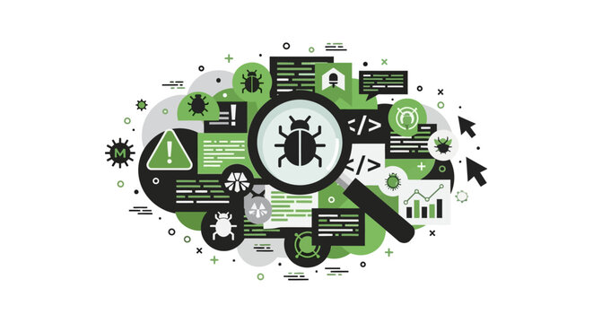 Software Debugging and Bug Tracking Concept Vector Illustration - Flat Design for IT Security, Malware Detection, and Quality Assurance Scanning