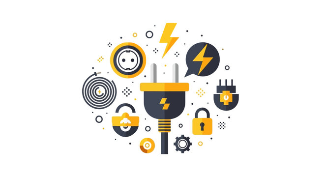 Power Supply and Electrical Safety Icon Collection. Flat vector illustration of power plug, socket, lightning bolt, and security symbols for energy and technology concepts.