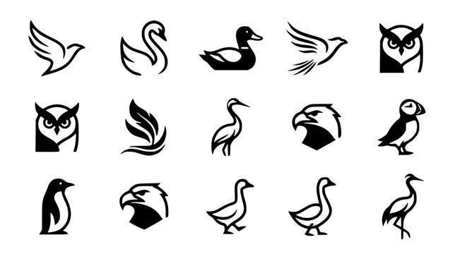 Minimalist bird silhouette and linear logo elements set with eagle swan owl duck heron and penguin icons vector