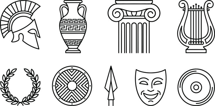 Ancient Greece mythology culture icons vector set featuring spartan helmet amphora ionic column lyre laurel wreath shield spear and theater mask