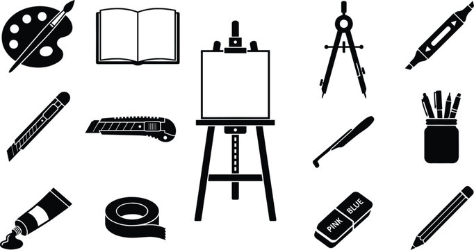 Creative artist studio tools and stationary collection vector black silhouettes featuring painting easel palette brush marker book compass pencil knife paint tube and eraser