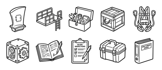 Set of ten industrial maintenance icons showing a turbine blade, toolbox, safety harness, and inspection checklist in a black and white isometric line art style © Happy Carrot