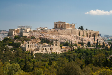 Fototapeta premium Panorama of the Acropolis citadel showing the Parthenon western facade and ancient Roman theater