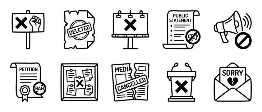 Collection of black line art icons representing cancel culture with symbols for protest, censorship, public shaming, media cancellation, and online accountability in a simple doodle style