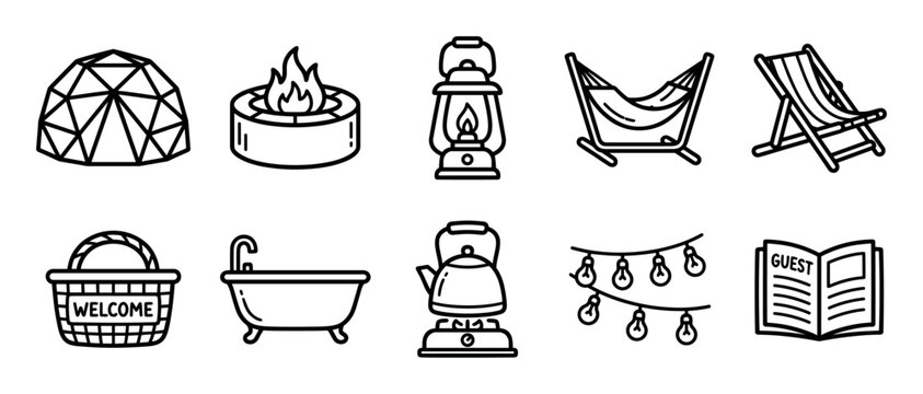 Set of black line art icons for glamping and luxury camping, including a geodesic dome, fire pit, lantern, hammock, bathtub, and string lights for a cozy outdoor vacation