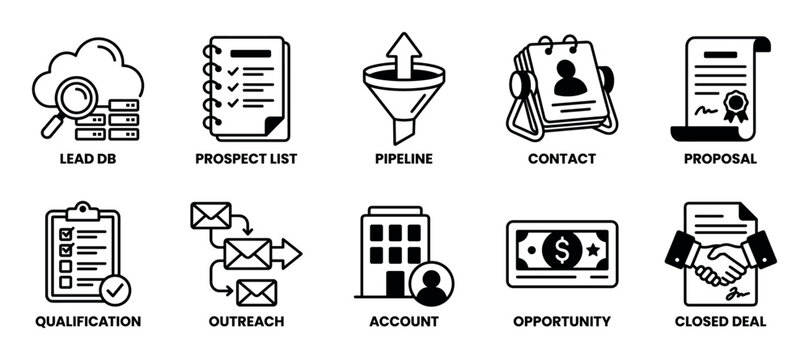 Set of black and white line icons representing the sales process from lead generation to a closed deal, including concepts like pipeline, proposal, and outreach