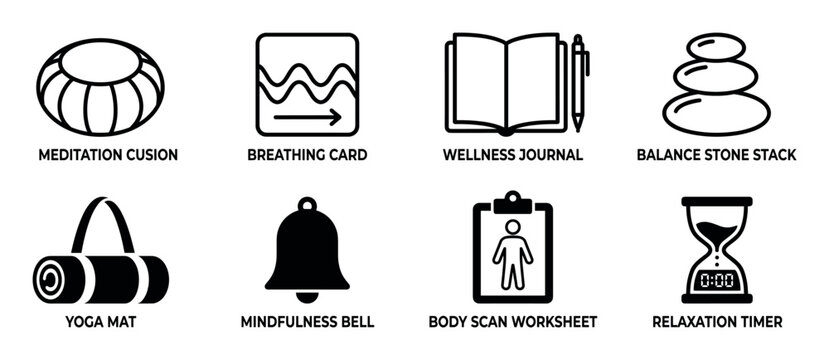 Collection of eight black wellness icons for meditation and self-care practices, including a yoga mat, journal, stacked stones, cushion, bell, timer, and breathing exercise symbol