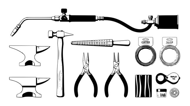 Jewelry making metal smith tools collection vector illustration featuring gas blowtorch anvil hammer pliers mandrel and loupe design elements
