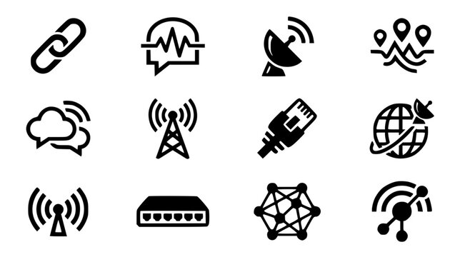 Telecommunication and global network icon set featuring wireless antenna satellite dish signal tower and data cable silhouettes