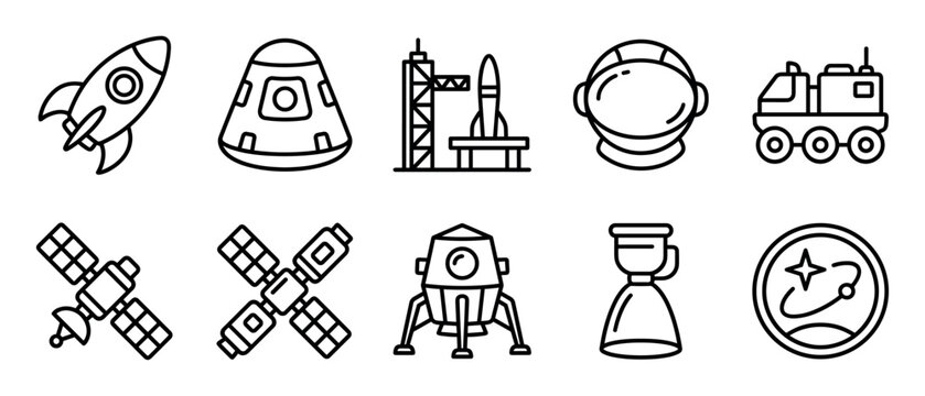 Set of black line art icons representing space exploration, including a rocket, capsule, astronaut helmet, rover, satellite, and lander in a clean minimalist vector style