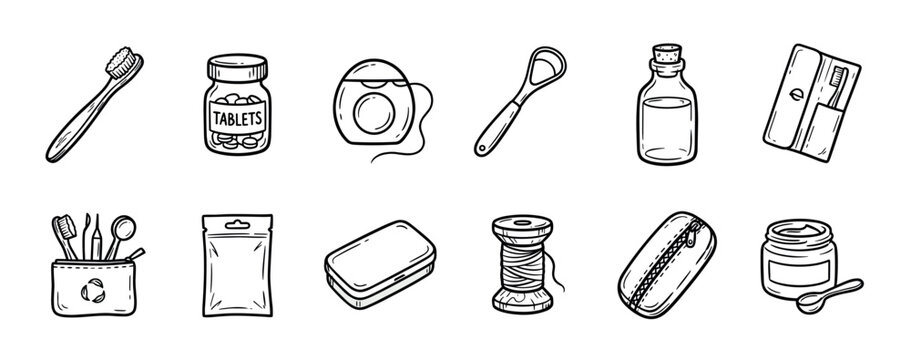 Hand-drawn set of zero-waste oral care product icons including a toothbrush, toothpaste tablets, dental floss, and tongue scraper, illustrated in a simple black and white line art style