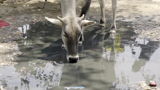 A stray cow drinks from a muddy polluted puddle on a roadside during hot summer, highlighting water scarcity and environmental concerns.