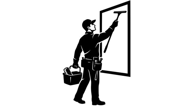 Window cleaner silhouette holding bucket and extension squeegee pole washing glass commercial maintenance service icon