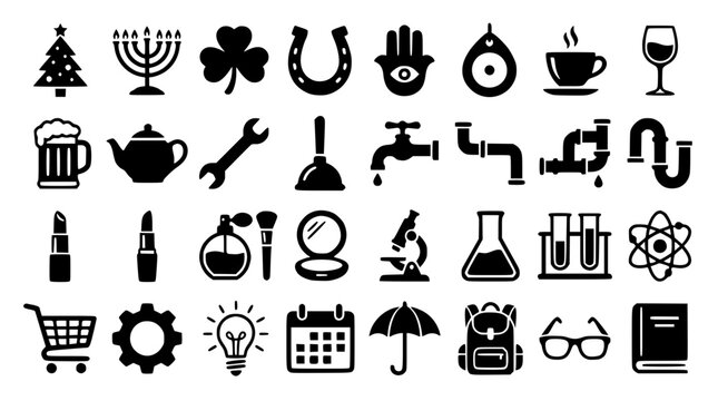 Universal black silhouette vector icon mega bundle set including plumbing tools cosmetics laboratory science research religion and lifestyle symbols