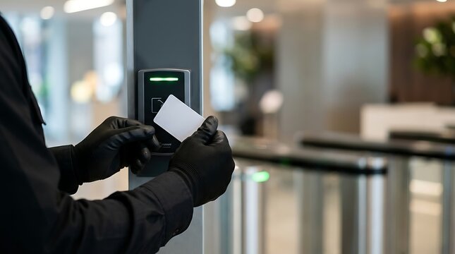 Close-up of security guard hands in black uniform gloves holding access card against electronic reader