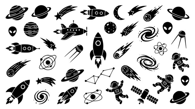 Outer space exploration black silhouette icon mega set with rockets astronauts planets satellites meteors aliens and galaxy astronomy elements