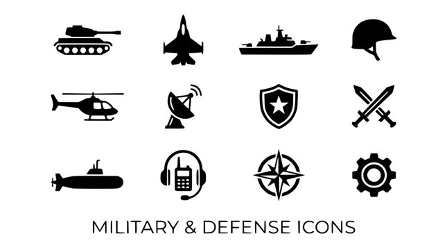 Military and defense technology black silhouette icon set including tank fighter jet battleship submarine helicopter radar shield and weapons