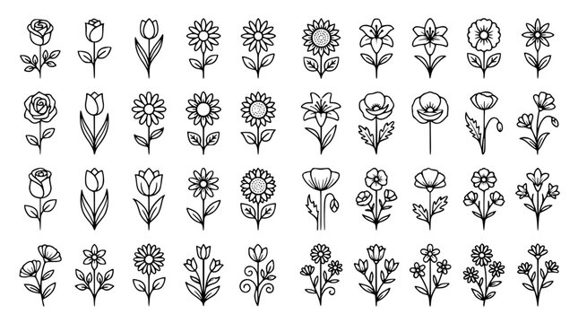 Minimalist flower blossoms and botanical garden flora thin line icons mega set for elegant wedding invitation pattern vector illustrations
