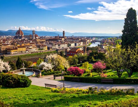 Colorful garden with cityscape and historic tower in background.