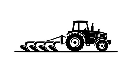 Agricultural farm tractor pulling a plow black silhouette vector icon for field cultivation harvesting and traditional countryside farming layouts © AlviAhmed