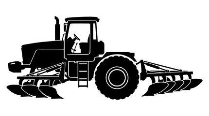 Heavy farm tractor with plow attachment black silhouette vector icon for agricultural machinery harvesting and cultivation field work illustrations © AlviAhmed