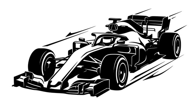 Formula one racing car black silhouette vector graphic with speed action lines for motorsport championship and Grand Prix event designs
