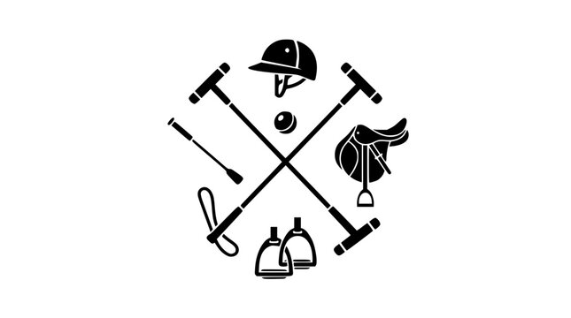 Equestrian polo sport logo emblem set with crossed mallets helmet saddle and riding gear black silhouette vector graphic elements