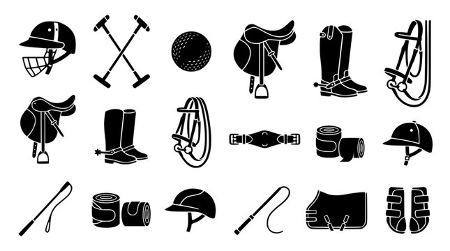 Equestrian and polo sports equipment black silhouette vector icon set including saddle, helmet, boots, mallet, and horse riding gear
