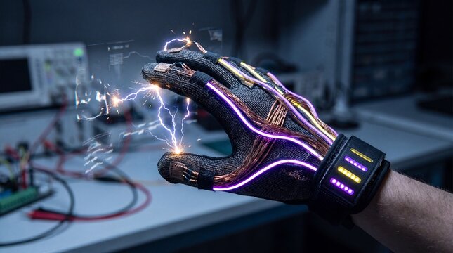 Haptic feedback glove with glowing purple wires and electrical sparks in a tech lab prototype