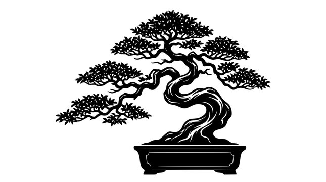 Traditional Japanese bonsai tree silhouette vector graphic icon in a ceramic pot for oriental zen and meditation design concepts.