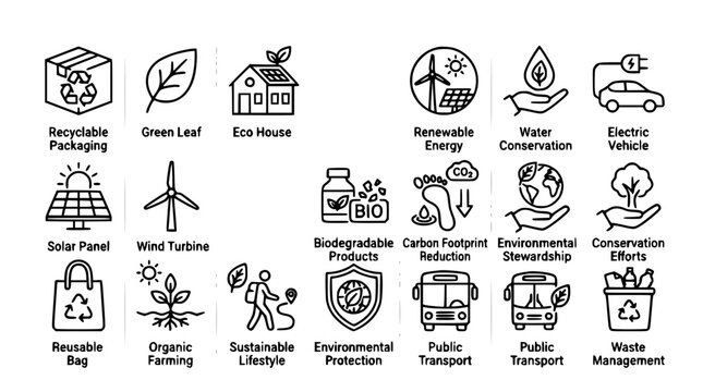 Green energy and ecology line icons set for environmental protection, sustainability, carbon footprint reduction, and zero waste lifestyle vectors.