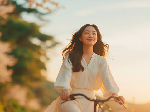 Delighted young East Asian lady in pale yellow flowy blouse cycles outdoors at golden hour, sunlight gilds her fluttering long hair amid softly blurred warm-toned green trees in background.