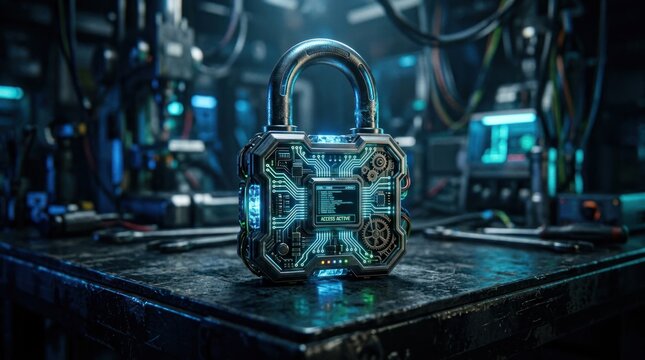 Futuristic Cyber Security Padlock with Circuit Board Design.
