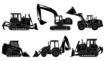 Bulldozer and earthmoving machinery silhouette vector set construction equipment isolated on white © Md