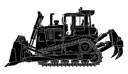 Heavy bulldozer silhouette vector illustration with blade tracks and ripper construction machinery isolated on white background © Md