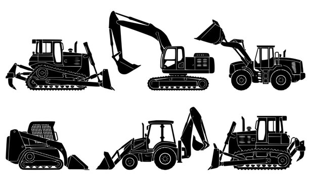 Bulldozer and earthmoving machinery silhouette vector set construction equipment isolated on white