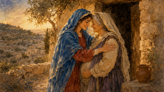 Virgin Mary visiting pregnant Elizabeth. Biblical scene depicting two women embracing at doorway of house. Religious illustration representing faith, friendship and divine blessing.