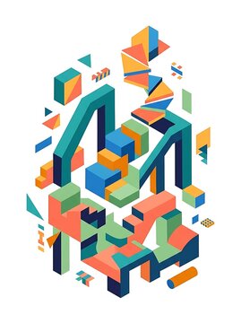 Colorful geometric blocks stacked in pyramid formation.
