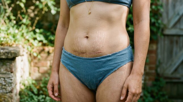 Womans midsection showing a scar on her abdomen.