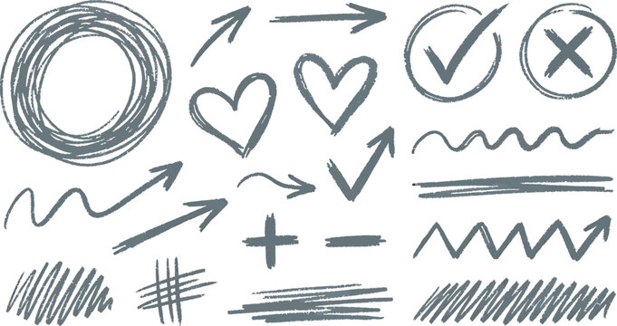 Set of handdrawn elements, arrows, hearts, check marks, cross, plus, minus, scribbles and lines isolated on white background transparent background