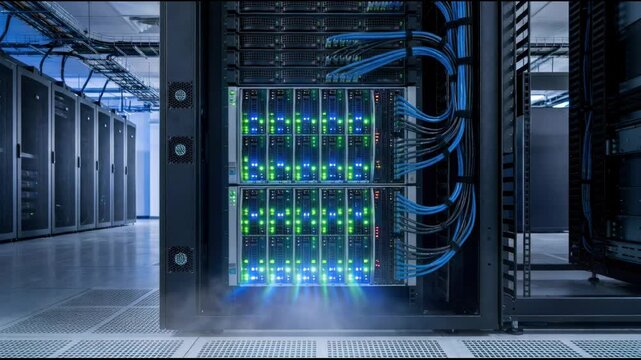 Server rack blink with blue and green light in a data center. Network cabinet with high performance hardware for cloud computing. Information technology infrastructure.