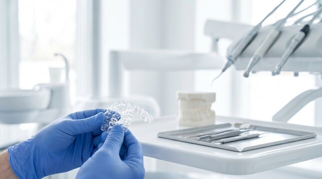Dentist holding clear orthodontic aligner in dental clinic, concept of invisible braces, teeth straightening, oral health care and orthodontic treatment.